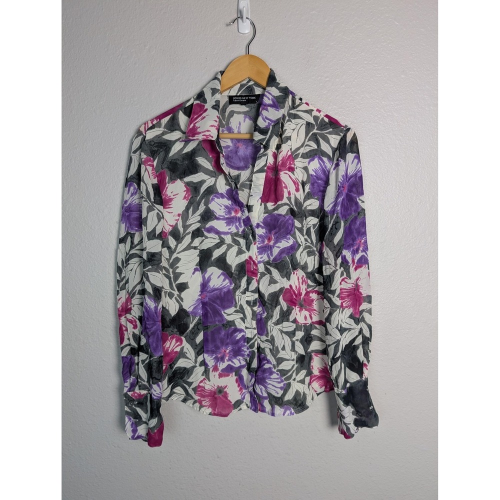 Jones New York Collection Floral Print Button Front Long Sleeve Blouse 14 Womens